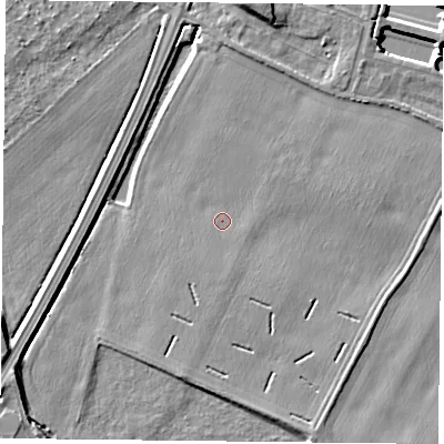 Shaded relief map of the ground around NG145JH, computed from Environment Agency LiDAR. The ground here sits at about 20 m above sea level and falls 6 m across the surrounding 800 m. Surface water reaching this point runs off ground lying to the east, 2.0 m higher.