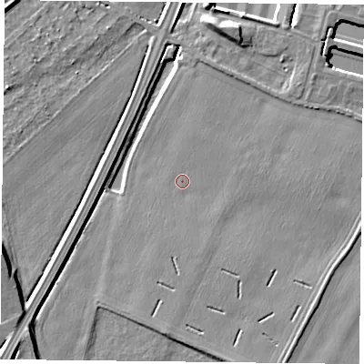 Shaded relief map of the ground around NG145JJ, computed from Environment Agency LiDAR. The ground here sits at about 20 m above sea level and falls 7 m across the surrounding 800 m. Surface water reaching this point runs off ground lying to the east, 1.7 m higher.