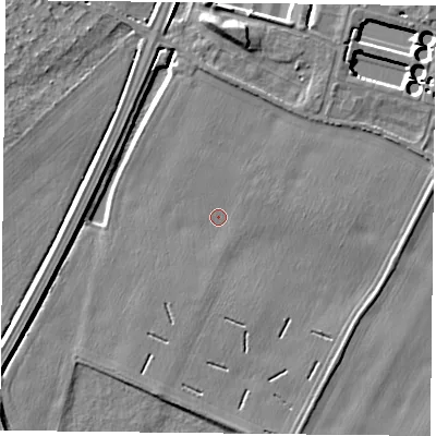 Shaded relief map of the ground around NG145JL, computed from Environment Agency LiDAR. The ground here sits at about 20 m above sea level and falls 6 m across the surrounding 800 m. Surface water reaching this point runs off ground lying to the north, 4.8 m higher.