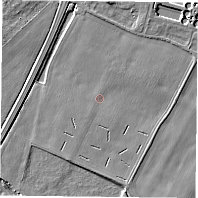 Shaded relief map of the ground around NG145JN, computed from Environment Agency LiDAR. The ground here sits at about 20 m above sea level and falls 5 m across the surrounding 800 m. Surface water reaching this point runs off ground lying to the north, 3.6 m higher.