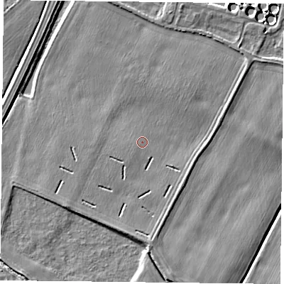 Shaded relief map of the ground around NG145JQ, computed from Environment Agency LiDAR. The ground here sits at about 20 m above sea level and falls 6 m across the surrounding 800 m. Surface water reaching this point runs off ground lying to the north-north-east, 2.5 m higher.