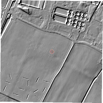 Shaded relief map of the ground around NG145JR, computed from Environment Agency LiDAR. The ground here sits at about 21 m above sea level and falls 8 m across the surrounding 800 m. The ground contributing surface water to this point lies to the west-north-west.