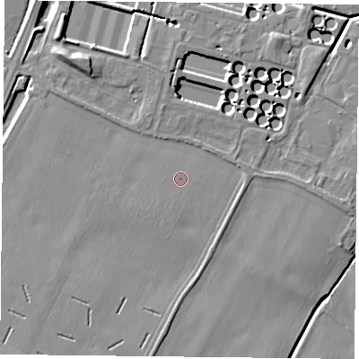 Shaded relief map of the ground around NG145JS, computed from Environment Agency LiDAR. The ground here sits at about 21 m above sea level and falls 8 m across the surrounding 800 m. The ground contributing surface water to this point lies to the south-west.