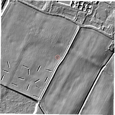 Shaded relief map of the ground around NG145JT, computed from Environment Agency LiDAR. The ground here sits at about 20 m above sea level and falls 6 m across the surrounding 800 m. Surface water reaching this point runs off ground lying to the north, 2.6 m higher.