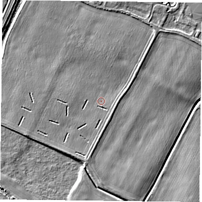 Shaded relief map of the ground around NG145JU, computed from Environment Agency LiDAR. The ground here sits at about 20 m above sea level and falls 6 m across the surrounding 800 m. Surface water reaching this point runs off ground lying to the north-east, 2.0 m higher.