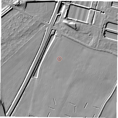 Shaded relief map of the ground around NG145JX, computed from Environment Agency LiDAR. The ground here sits at about 21 m above sea level and falls 7 m across the surrounding 800 m. The ground contributing surface water to this point lies to the north-east.