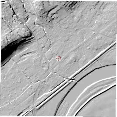 Shaded relief map of the ground around NG145JY, computed from Environment Agency LiDAR. The ground here sits at about 19 m above sea level and falls 41 m across the surrounding 800 m. Surface water reaching this point runs off ground lying to the north-north-west, 18.0 m higher.