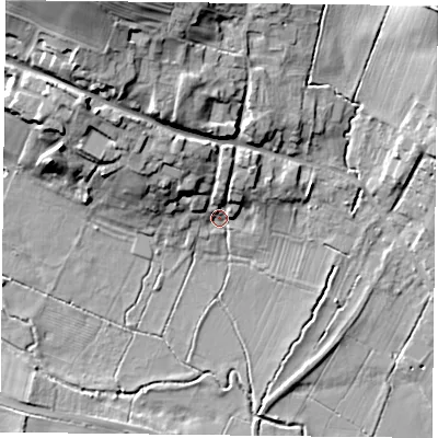 Shaded relief map of the ground around NG146AJ, computed from Environment Agency LiDAR. The ground here sits at about 32 m above sea level and falls 25 m across the surrounding 800 m. Surface water reaching this point runs off ground lying to the north-north-west, 10.6 m higher.