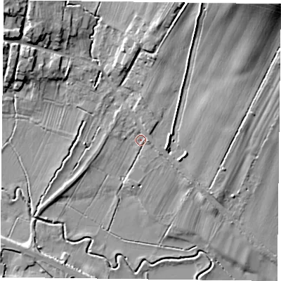 Shaded relief map of the ground around NG146AY, computed from Environment Agency LiDAR. The ground here sits at about 31 m above sea level and falls 29 m across the surrounding 800 m. Surface water reaching this point runs off ground lying to the north-north-east, 2.4 m higher.