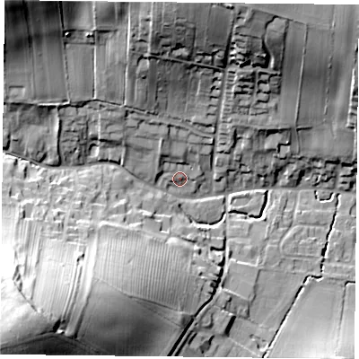 Shaded relief map of the ground around NG146BX, computed from Environment Agency LiDAR. The ground here sits at about 45 m above sea level and falls 42 m across the surrounding 800 m. Surface water reaching this point runs off ground lying to the north, 25.2 m higher.