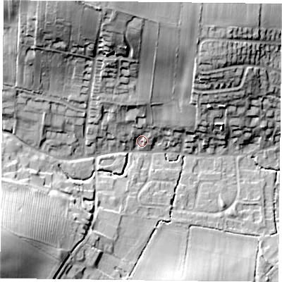 Shaded relief map of the ground around NG146DA, computed from Environment Agency LiDAR. The ground here sits at about 43 m above sea level and falls 32 m across the surrounding 800 m. Surface water reaching this point runs off ground lying to the north, 26.4 m higher.
