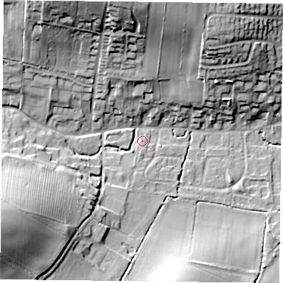 Shaded relief map of the ground around NG146DB, computed from Environment Agency LiDAR. The ground here sits at about 43 m above sea level and falls 28 m across the surrounding 800 m. Surface water reaching this point runs off ground lying to the south-south-west, 3.8 m higher.