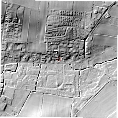 Shaded relief map of the ground around NG146DD, computed from Environment Agency LiDAR. The ground here sits at about 42 m above sea level and falls 33 m across the surrounding 800 m. Surface water reaching this point runs off ground lying to the north-north-west, 17.6 m higher.
