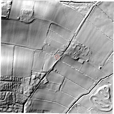 Shaded relief map of the ground around NG146DG, computed from Environment Agency LiDAR. The ground here sits at about 42 m above sea level and falls 29 m across the surrounding 800 m. Surface water reaching this point runs off ground lying to the north-west, 19.2 m higher.