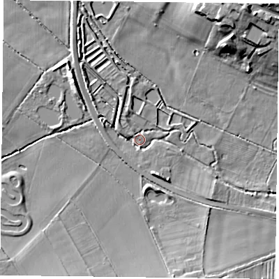 Shaded relief map of the ground around NG146DH, computed from Environment Agency LiDAR. The ground here sits at about 32 m above sea level and falls 17 m across the surrounding 800 m. Surface water reaching this point runs off ground lying to the south-south-west, 7.0 m higher.