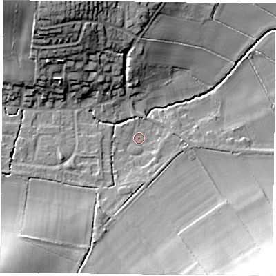 Shaded relief map of the ground around NG146DJ, computed from Environment Agency LiDAR. The ground here sits at about 40 m above sea level and falls 29 m across the surrounding 800 m. Surface water reaching this point runs off ground lying to the south-south-west, 7.4 m higher.