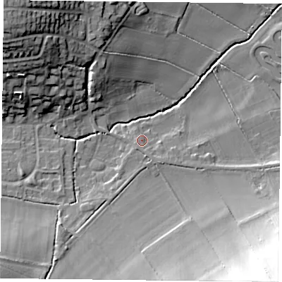Shaded relief map of the ground around NG146DL, computed from Environment Agency LiDAR. The ground here sits at about 40 m above sea level and falls 34 m across the surrounding 800 m. Surface water reaching this point runs off ground lying to the south, 1.5 m higher.