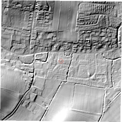 Shaded relief map of the ground around NG146DP, computed from Environment Agency LiDAR. The ground here sits at about 42 m above sea level and falls 27 m across the surrounding 800 m. Surface water reaching this point runs off ground lying to the south-south-west, 1.7 m higher.