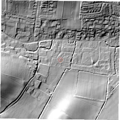 Shaded relief map of the ground around NG146DQ, computed from Environment Agency LiDAR. The ground here sits at about 44 m above sea level and falls 26 m across the surrounding 800 m. Surface water reaching this point runs off ground lying to the west-south-west, 0.7 m higher.