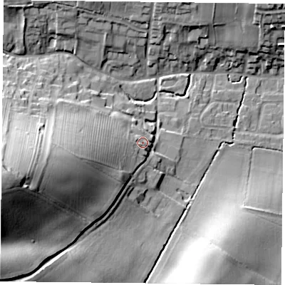 Shaded relief map of the ground around NG146DX, computed from Environment Agency LiDAR. The ground here sits at about 49 m above sea level and falls 37 m across the surrounding 800 m. Surface water reaching this point runs off ground lying to the west-south-west, 10.6 m higher.