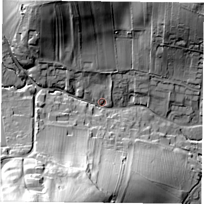 Shaded relief map of the ground around NG146EA, computed from Environment Agency LiDAR. The ground here sits at about 47 m above sea level and falls 43 m across the surrounding 800 m. Surface water reaching this point runs off ground lying to the south-west, 40.4 m higher.