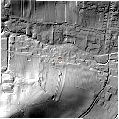 Shaded relief map of the ground around NG146EB, computed from Environment Agency LiDAR. The ground here sits at about 49 m above sea level and falls 60 m across the surrounding 800 m. Surface water reaching this point runs off ground lying to the south-south-west, 26.8 m higher.