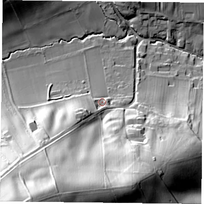 Shaded relief map of the ground around NG146EF, computed from Environment Agency LiDAR. The ground here sits at about 61 m above sea level and falls 65 m across the surrounding 800 m. Surface water reaching this point runs off ground lying to the south-west, 24.1 m higher.