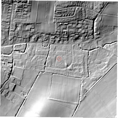 Shaded relief map of the ground around NG146EU, computed from Environment Agency LiDAR. The ground here sits at about 42 m above sea level and falls 24 m across the surrounding 800 m. Surface water reaching this point runs off ground lying to the west-south-west, 11.3 m higher.