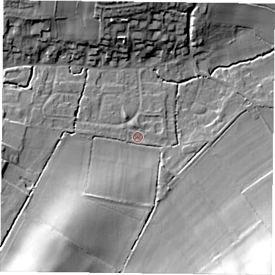Shaded relief map of the ground around NG146EW, computed from Environment Agency LiDAR. The ground here sits at about 42 m above sea level and falls 32 m across the surrounding 800 m. Surface water reaching this point runs off ground lying to the south-west, 20.3 m higher.