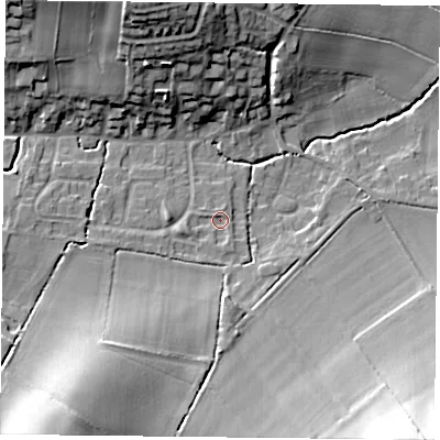 Shaded relief map of the ground around NG146EX, computed from Environment Agency LiDAR. The ground here sits at about 41 m above sea level and falls 29 m across the surrounding 800 m. Surface water reaching this point runs off ground lying to the south-west, 17.4 m higher.