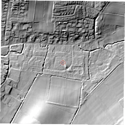 Shaded relief map of the ground around NG146EY, computed from Environment Agency LiDAR. The ground here sits at about 42 m above sea level and falls 24 m across the surrounding 800 m. Surface water reaching this point runs off ground lying to the south-east, 1.3 m higher.