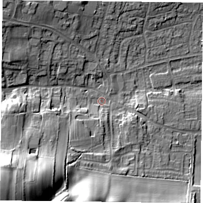 Shaded relief map of the ground around NG146FG, computed from Environment Agency LiDAR. The ground here sits at about 53 m above sea level and falls 42 m across the surrounding 800 m. Surface water reaching this point runs off ground lying to the south-west, 38.1 m higher.