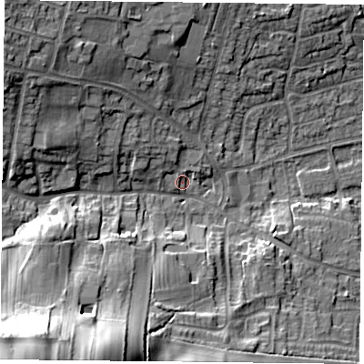 Shaded relief map of the ground around NG146FN, computed from Environment Agency LiDAR. The ground here sits at about 53 m above sea level and falls 39 m across the surrounding 800 m. Surface water reaching this point runs off ground lying to the north-west, 3.3 m higher.