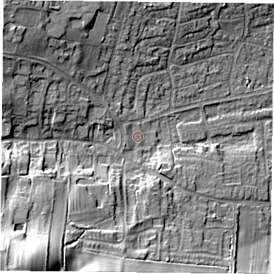 Shaded relief map of the ground around NG146FP, computed from Environment Agency LiDAR. The ground here sits at about 52 m above sea level and falls 35 m across the surrounding 800 m. Surface water reaching this point runs off ground lying to the south-west, 32.2 m higher.