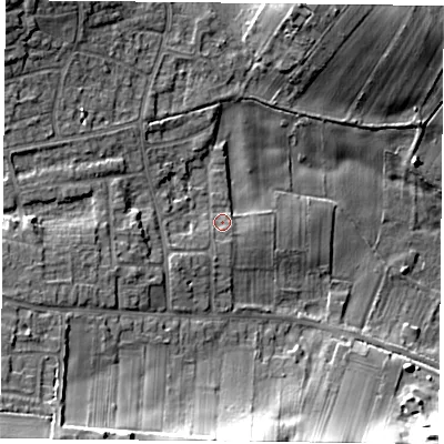 Shaded relief map of the ground around NG146FW, computed from Environment Agency LiDAR. The ground here sits at about 46 m above sea level and falls 19 m across the surrounding 800 m. Surface water reaching this point runs off ground lying to the south-west, 3.3 m higher.
