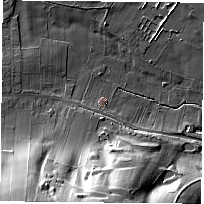Shaded relief map of the ground around NG146FX, computed from Environment Agency LiDAR. The ground here sits at about 44 m above sea level and falls 48 m across the surrounding 800 m. Surface water reaching this point runs off ground lying to the south-west, 2.4 m higher.