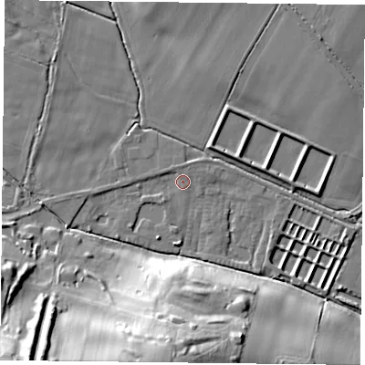 Shaded relief map of the ground around NG146FZ, computed from Environment Agency LiDAR. The ground here sits at about 36 m above sea level and falls 34 m across the surrounding 800 m. Surface water reaching this point runs off ground lying to the west, 1.5 m higher.