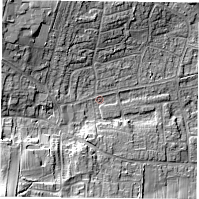 Shaded relief map of the ground around NG146GF, computed from Environment Agency LiDAR. The ground here sits at about 51 m above sea level and falls 25 m across the surrounding 800 m. Surface water reaching this point runs off ground lying to the south-west, 21.3 m higher.