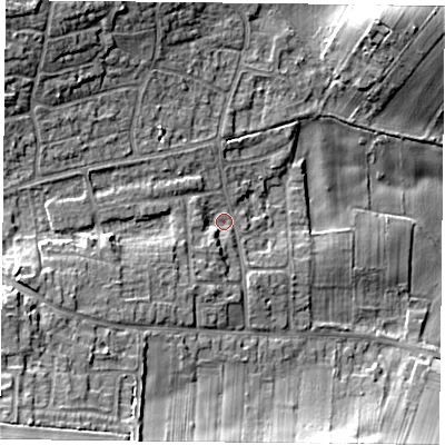 Shaded relief map of the ground around NG146GH, computed from Environment Agency LiDAR. The ground here sits at about 48 m above sea level and falls 19 m across the surrounding 800 m. Surface water reaching this point runs off ground lying to the west-south-west, 7.7 m higher.