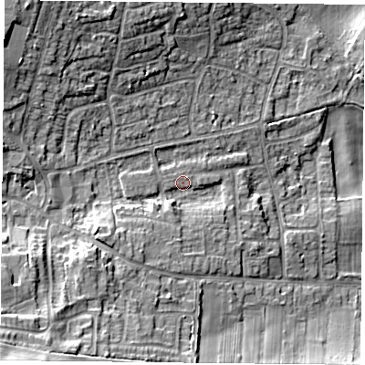 Shaded relief map of the ground around NG146GJ, computed from Environment Agency LiDAR. The ground here sits at about 50 m above sea level and falls 20 m across the surrounding 800 m. Surface water reaching this point runs off ground lying to the south-west, 5.1 m higher.