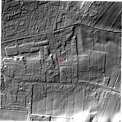 Shaded relief map of the ground around NG146GQ, computed from Environment Agency LiDAR. The ground here sits at about 47 m above sea level and falls 20 m across the surrounding 800 m. Surface water reaching this point runs off ground lying to the west-south-west, 6.1 m higher.
