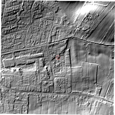 Shaded relief map of the ground around NG146GT, computed from Environment Agency LiDAR. The ground here sits at about 47 m above sea level and falls 16 m across the surrounding 800 m. Surface water reaching this point runs off ground lying to the west-south-west, 9.0 m higher.