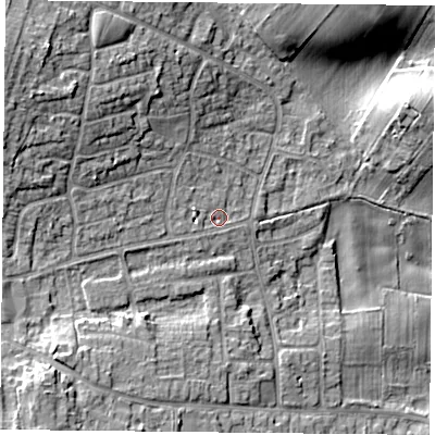 Shaded relief map of the ground around NG146GU, computed from Environment Agency LiDAR. The ground here sits at about 49 m above sea level and falls 16 m across the surrounding 800 m. Surface water reaching this point runs off ground lying to the west-north-west, 8.9 m higher.