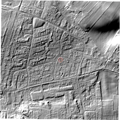 Shaded relief map of the ground around NG146HA, computed from Environment Agency LiDAR. The ground here sits at about 50 m above sea level and falls 17 m across the surrounding 800 m. Surface water reaching this point runs off ground lying to the west-north-west, 7.7 m higher.