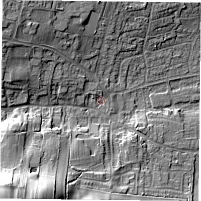 Shaded relief map of the ground around NG146HJ, computed from Environment Agency LiDAR. The ground here sits at about 52 m above sea level and falls 38 m across the surrounding 800 m. Surface water reaching this point runs off ground lying to the south-west, 34.8 m higher.