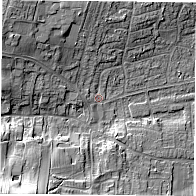 Shaded relief map of the ground around NG146HZ, computed from Environment Agency LiDAR. The ground here sits at about 51 m above sea level and falls 29 m across the surrounding 800 m. Surface water reaching this point runs off ground lying to the west-north-west, 12.4 m higher.