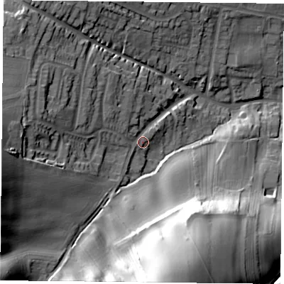Shaded relief map of the ground around NG146JS, computed from Environment Agency LiDAR. The ground here sits at about 64 m above sea level and falls 46 m across the surrounding 800 m. Surface water reaching this point runs off ground lying to the west-south-west, 22.1 m higher.