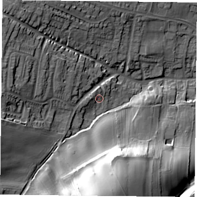 Shaded relief map of the ground around NG146JT, computed from Environment Agency LiDAR. The ground here sits at about 61 m above sea level and falls 45 m across the surrounding 800 m. Surface water reaching this point runs off ground lying to the west-north-west, 2.7 m higher.