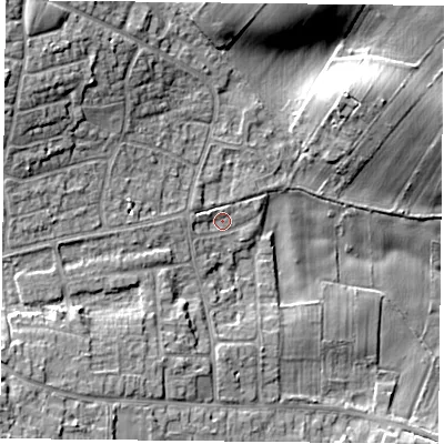 Shaded relief map of the ground around NG146NN, computed from Environment Agency LiDAR. The ground here sits at about 47 m above sea level and falls 15 m across the surrounding 800 m. Surface water reaching this point runs off ground lying to the west, 1.7 m higher.