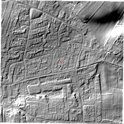 Shaded relief map of the ground around NG146PD, computed from Environment Agency LiDAR. The ground here sits at about 49 m above sea level and falls 17 m across the surrounding 800 m. Surface water reaching this point runs off ground lying to the west-north-west, 9.5 m higher.